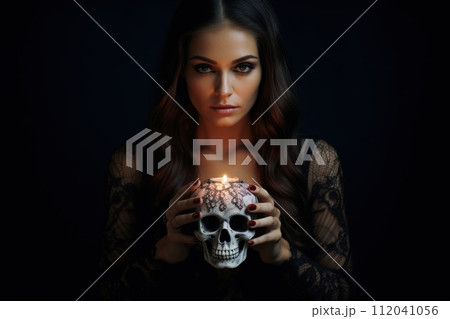 Dia de los muertos, Mexican holiday of the dead .Woman with sugar skull make up and flowers. Generative AI 112041056