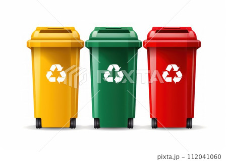 Recycling bins in yellow, green, and blue with recycling symbols on a white background. Generative AI 112041060