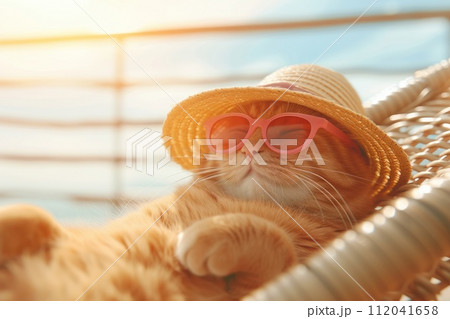 AI generated Funny cat in sunglasses and beach hat relaxing sitting on deckchair having a rest on vacation trip. 112041658