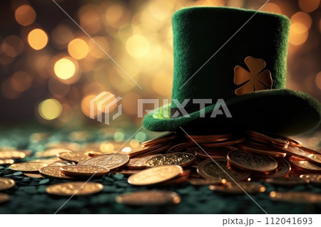 AI generated Green hat with garland lights on festive wooden bokeh background with copy space for text. 112041693