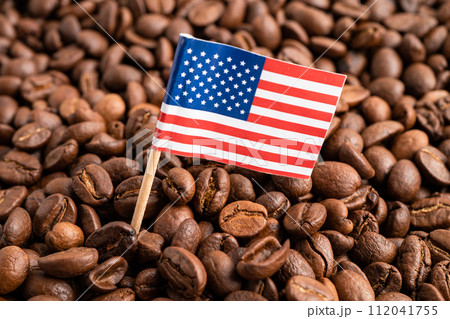 USA America flag on coffee bean, import export trade online commerce. 112041755