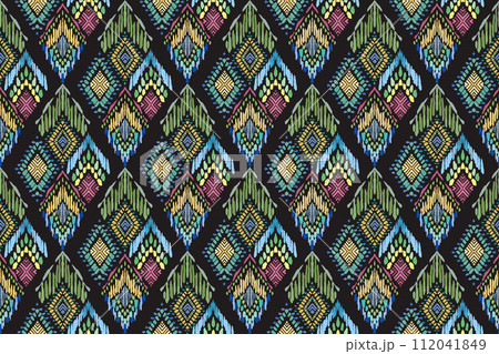 Ikat tribal Indian seamless pattern. Ethnic Aztec fabric carpet mandala ornament native boho chevron textile.Geometric African American oriental traditional vector illustrations. Embroidery style. Ikat tribal Indian seamless pattern. Ethnic Aztec fabric carpet mandala ornament native boho chevron textile.Geometric African American oriental traditional vector illustrations. Embroidery style. 112041849