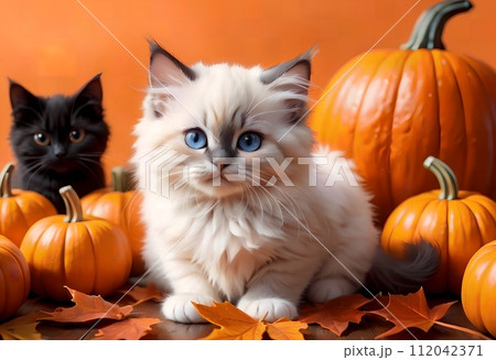 A beautiful young purebred Ragdoll kitten sits among pumpkins. Halloween card. 112042371