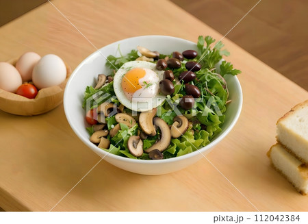 spring salad with lettuce, mushrooms, egg, cheese, herbs and other vegetables in a bowl. 112042384