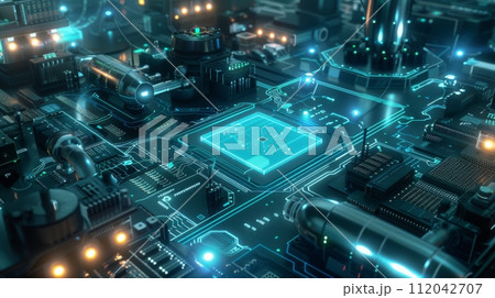 AI-generated content. Futuristic circuit board with high-tech elements and blue lighting 112042707