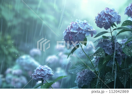 雨が降る日の庭園のアジサイの花のイラスト素材 [112042869] - PIXTA
