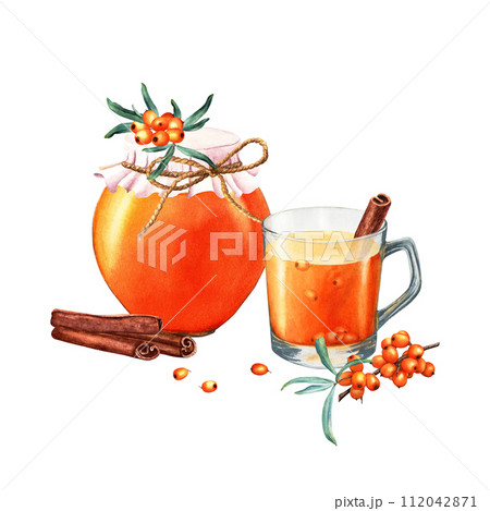 Sea buckthorn, rolled strips of cinnamon,cup of drink and glass jar with fabric cover filled with fruit, berry jam. Hand drawn watercolor illustration isolated on white. For clipart menu label package 112042871