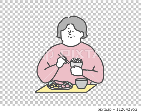 食事をする高齢女性　介護イラスト 112042952