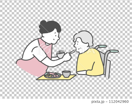 高齢女性の食事介助をする女性介護士 112042960