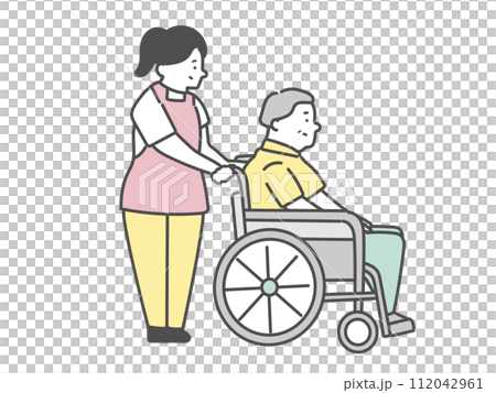 女性介護士と車椅子に乗った高齢男性　 112042961