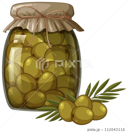 Jar of Pickled Olives with Olive Branch 112043118