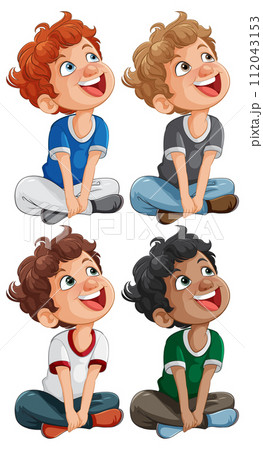 Happy Cartoon Boys Sitting and Smiling Happy Cartoon Boys Sitting and Smiling 112043153