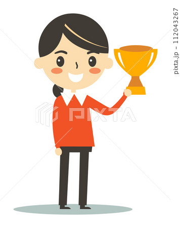 Young cartoon girl black hair holding golden trophy, smiling proudly. Concept success achievement vector illustration Young cartoon girl black hair holding golden trophy, smiling proudly. Concept success achievement vector illustration 112043267