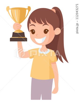 Happy young girl holding gold trophy cup, celebrating victory, success concept. Child achievement award ceremony vector illustration 112043271