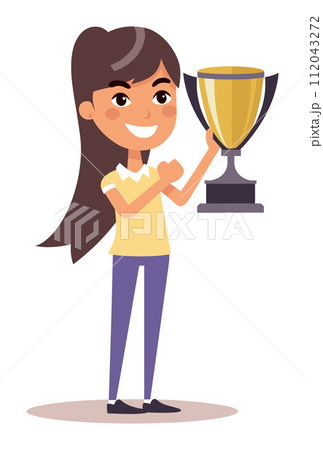 Young Latina girl holding large trophy happy expression. Success achievement theme vector illustration Young Latina girl holding large trophy happy expression. Success achievement theme vector illustration 112043272