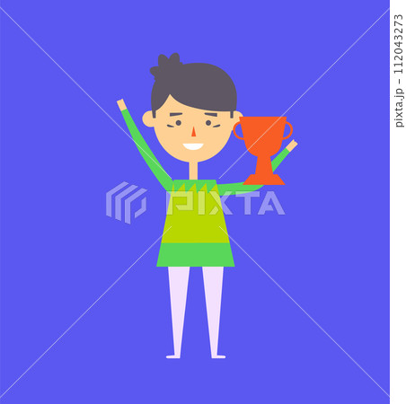 Young girl celebrating victory trophy cup. Happy female winner purple background. Success achievement concept vector illustration 112043273