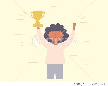 Woman holding trophy aloft joyfully pride. Celebrating victory winning moment. Success achievement concept vector illustration 112043274