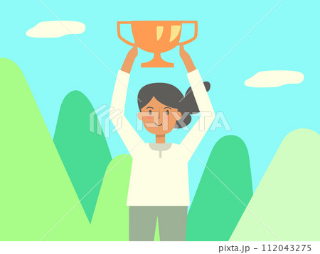 Young Asian woman holding trophy outdoors, celebrating victory. Smiling person achievement award, success concept vector illustration Young Asian woman holding trophy outdoors, celebrating victory. Smiling person achievement award, success concept vector illustration 112043275