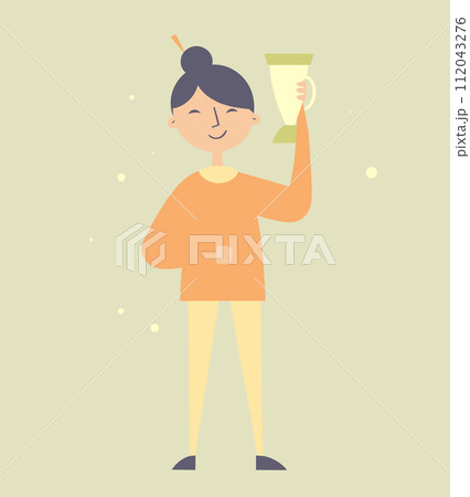 Asian woman holding trophy smiling satisfaction. Proud female winner celebrating success. Achievement celebration concept vector illustration 112043276