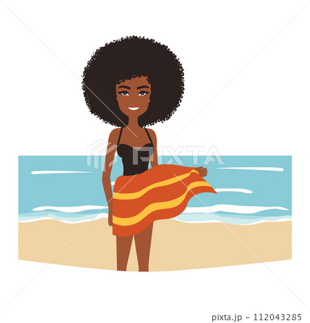 African American woman standing beach towel. Smiling young female swimsuit sea. Beach vacation summer holiday vector illustration African American woman standing beach towel. Smiling young female swimsuit sea. Beach vacation summer holiday vector illustration 112043285