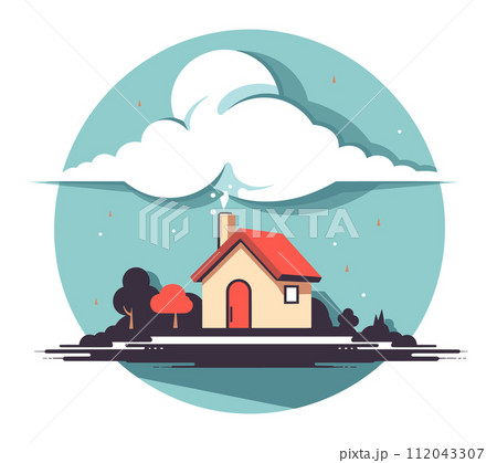 Small house island trees under large wave. Natural disaster, flood concept, urgently evacuate. Home safety crisis vector illustration 112043307