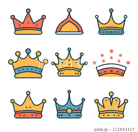 Collection eight colorful cartoon crowns. Royal headgear king, queen, princess, prince. Monarchy leadership symbols vector illustration Collection eight colorful cartoon crowns. Royal headgear king, queen, princess, prince. Monarchy leadership symbols vector illustration 112043317