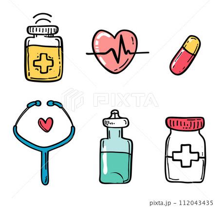 Handdrawn health icons showing medicine wellness. Doodle medical elements, heart rate, pill, stethoscope, vials. Healthcare pharmacy vector illustration 112043435