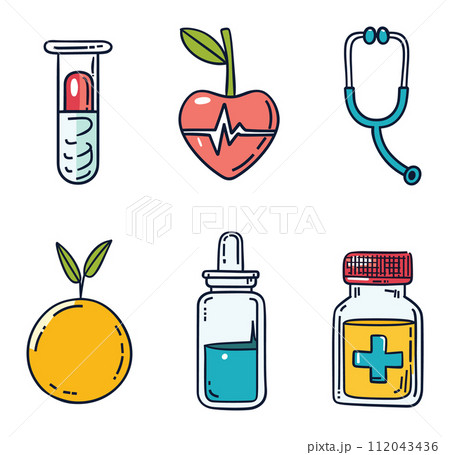 Handdrawn health medicine icons set. Test tube, heartbeat, stethoscope, orange, syrup bottle, pill container 112043436