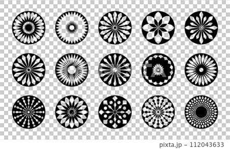 Set of Abstract Flowers Icons. Circle Radial Design Elements. Vector Art. 112043633