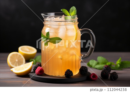 Refreshing Lemonade Jug with Fresh Berries and Sliced Lemons - Summer Drink for Hot Days and Parties 112044238