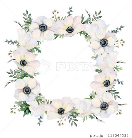 White anemones field flowers square frame watercolor isolated illustration. Wildflowers poppies template for greeting cards, labels, spring wedding invitations or mothers day 112044533