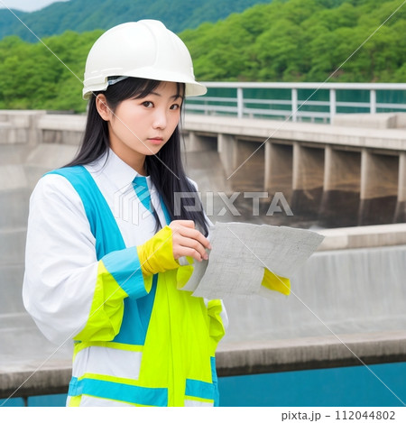 ダムで作業をする女性 112044802