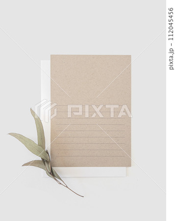 Card mockup craft paper with eucalyptus leaves branch with envelope. Flat lay, top view 112045456