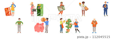 Man and Woman Character with Money Coin and Banknote Vector Set 112045515