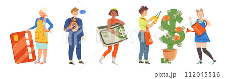 Man and Woman Character with Money Coin and Banknote Vector Set 112045516