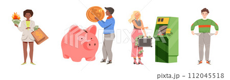 Man and Woman Character with Money Coin and Banknote Vector Set 112045518
