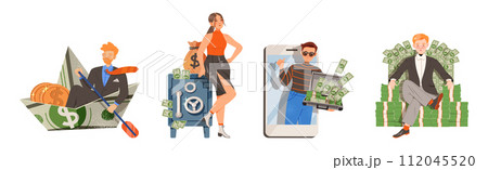 Man and Woman Character with Money Coin and Banknote Vector Set 112045520