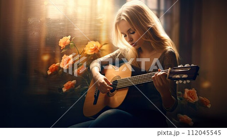 Beautiful girl with guitar. Hobby and musical hobby. Female musician. Pretty woman. AI Generated 112045545