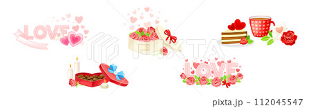 Love Symbol with Heart Gift Box and Flower Vector Set 112045547