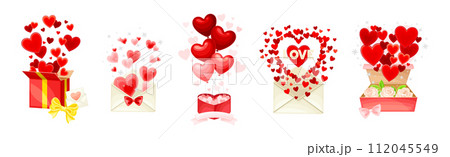 Love Symbol with Heart in Envelope and Gift Box Vector Set 112045549