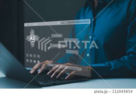 Chat with AI or Artificial Intelligence technology concept. Man using laptop computer chatting with an intelligent artificial intelligence, Command prompt for generates some things help work. Chatbot, 112045654