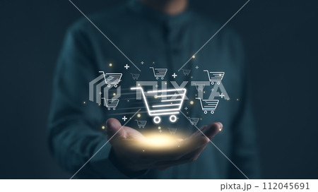 Ecommerce technology and Online Shopping retail shop concept. Man using the internet to buy product or business fast shipping delivery. Customer service home delivery. E-commerce website, Marketing, Ecommerce technology and Online Shopping retail shop concept. Man using the internet to buy product or business fast shipping delivery. Customer service home delivery. E-commerce website, Marketing, 112045691