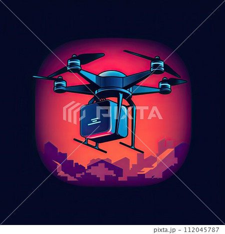 Drone with mail package. Copter deliver and parcel. Shipment and transportation of post cargo box Drone with mail package. Copter deliver and parcel. Shipment and transportation of post cargo box 112045787
