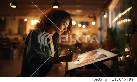 Graphic designer at work with tablet. Girl artist drawing. Beautiful freelance woman. AI Generated Graphic designer at work with tablet. Girl artist drawing. Beautiful freelance woman. AI Generated 112045792