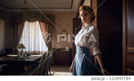 Woman maid at hotel. Nice young girl in uniform. Female employee of guest house. AI Generated 112045794