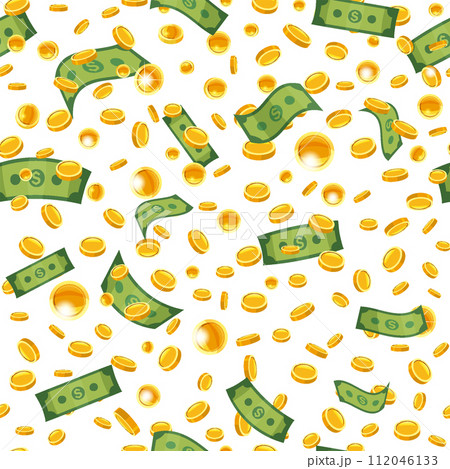 Falling coins banknotes seamless pattern, background success concept Falling coins banknotes seamless pattern, background success concept 112046133