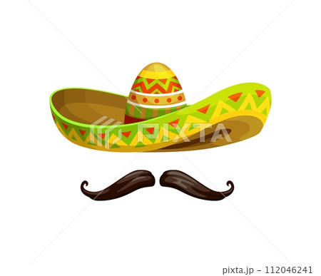 Mexican cinco de mayo holiday sombrero with mustaches. Isolated cartoon vector Mariachi musician hat adorned with vibrant colors and intricate patterns, symbolizes Latin culture, and festive spirit 112046241