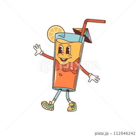 Cartoon cocktail groovy character. Isolated vector drink glass personage with psychedelic swirling colors sporting wide funky smile, lemon slice, umbrella and straw, exuding retro funky summer charm 112046242