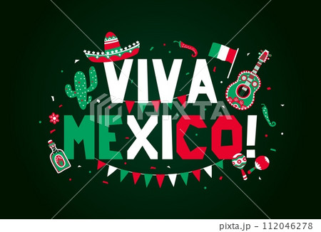 Viva Mexico banner for national Mexican Independence Day with sombrero, tequila and maracas, vector flags. Mexico Independence day holiday celebration banner with Mexican flag, maracas and peppers 112046278