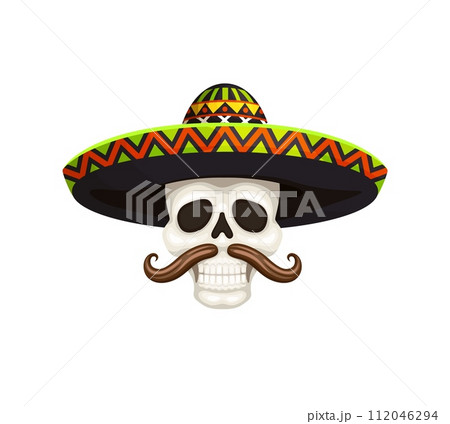Mexican cinco de mayo holiday character. Mariachi musician skull with sombrero and mustaches. Vector Day of dead cranium, Dia de los muertos traditional calaca skeleton head for holiday celebration 112046294